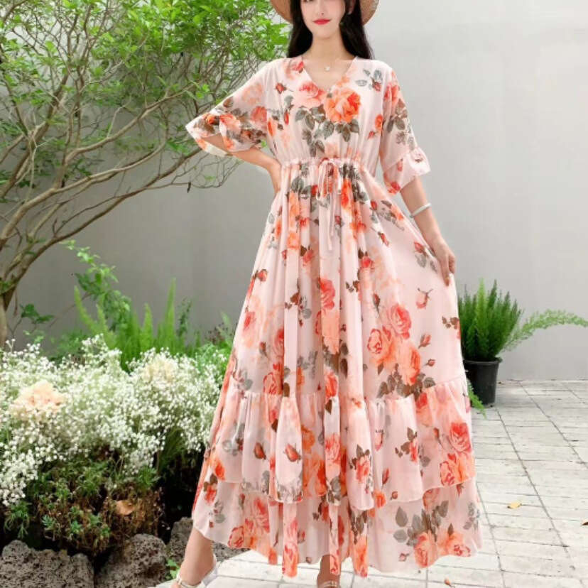 Summer New Ruffle Edge Style Fragmented Flower Slim Fit Waist Slimming Lace Up Chiffon Short Sleeve Long Dress Vacation Oversize Dress Pregnant Womens