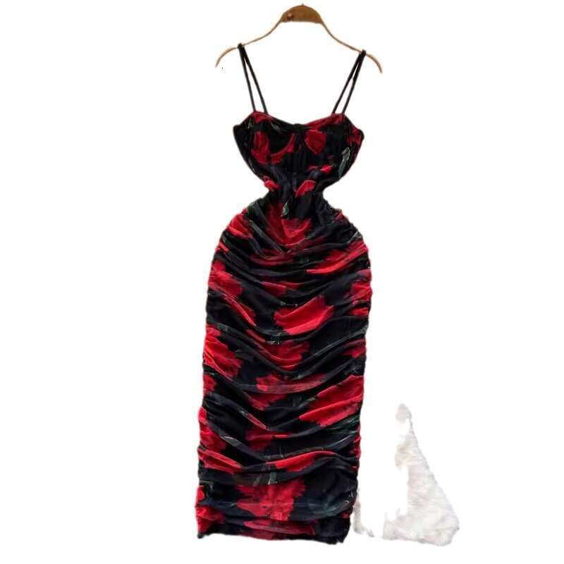 Summer Vacation Style Korean Chic Mesh Chiffon Printed Waistband French Long Dress Short Bifurcated Loose Novelty Self-cultivation SKINNY DRESS Oversi