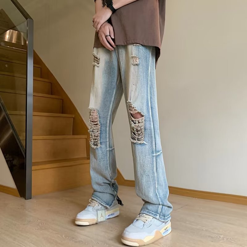 Yellow mud ripped jeans summer thin American high street men's trendy pants style zipper slightly flared