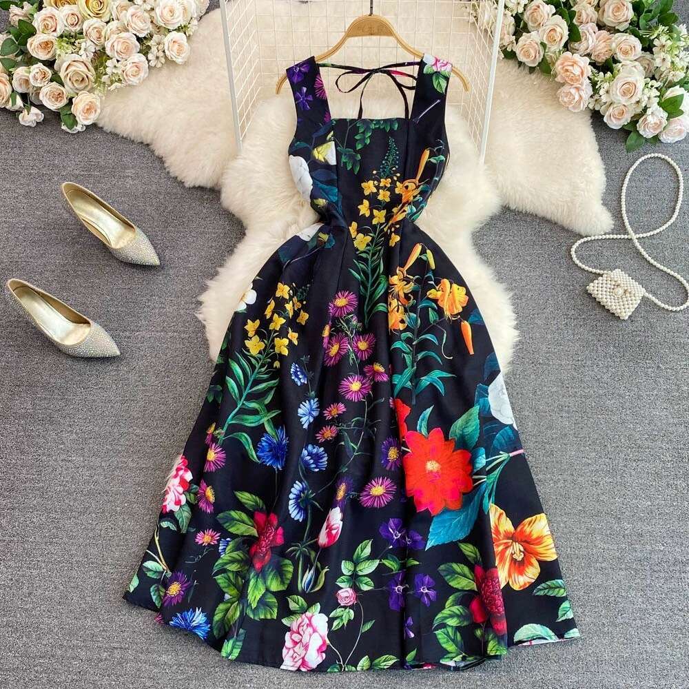 French Haute Couture Tea for Summer Break, Fashionable Elegant, Slimming Slimming. Sleeveless, Backless and Waistless Print with A-line Dress High Wai