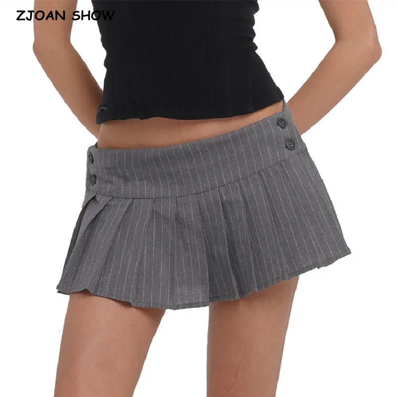 Y2K Grey Striped Print Side 3 Buttons Pleated Mini Skirt Sexy Low Waist Short Skater Skirts 240710