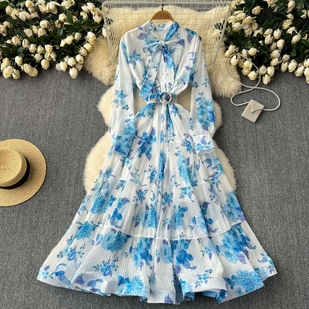 Light Mature Style 2024 New French Bow Tie Waist Wrap Large Ruffle Edge Fragmented Flower Long Dress Sexy Dress Waist Bifurcated Round Neck Dress Silk