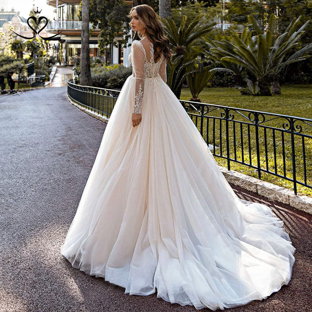Sweetheart Shiny Wedding Dress 2024 Long Sleeve Beading A-e Court Train Princess Vestido De Novia SwanSarah Bride Gown
