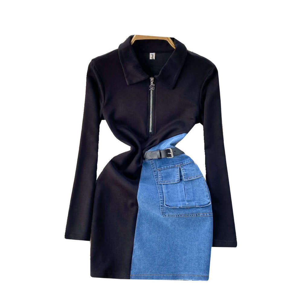2024 Spring Womens Fashion Design Sensation Contrast Color Splicing, Small and Slim Fit Short Denim Wrap Hip Skirt Dress Temperament Loose BOHO DRESS