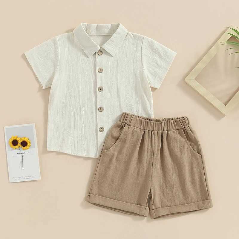 Clothing Sets 2Pcs Little Boys Outfit Toddlers Summer Solid Color Lapel Short Sleeve Single-breasted Shirt Tops + Elastic Waist Shorts