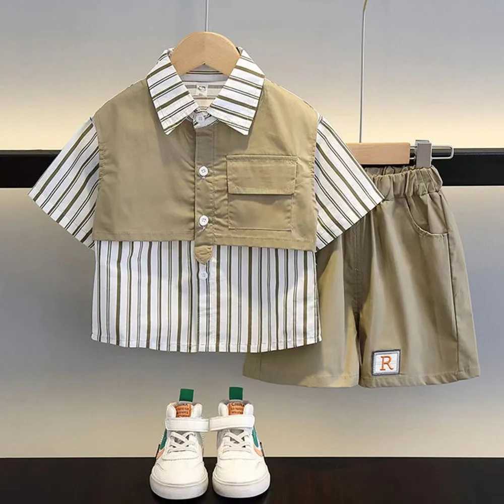 Clothing Sets Boys Summer Work Suit 2024 New Cool and Handsome Baby Clothes Fashionable Childrens Summer Short Sleeve Two Piece Set