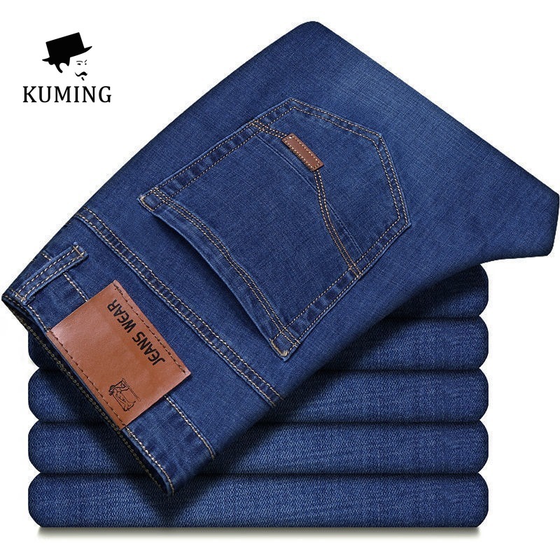 Kuming Jeans Men's Summer Thin High Waist Elastic Denim Loose Straight Size 28-40 Casual Pants