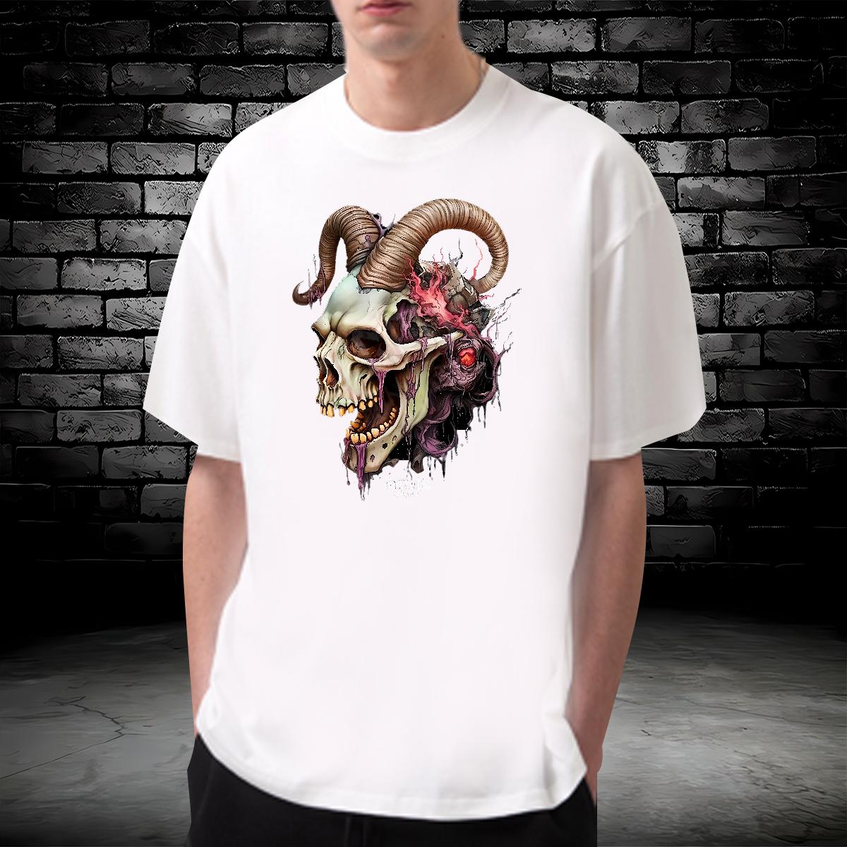 2024 New Men T Shirts Skeleton 230g 100% Cotton Anime Print Casual Beach Men Clothes T-Shirt Breathable Short Sleeve Loose