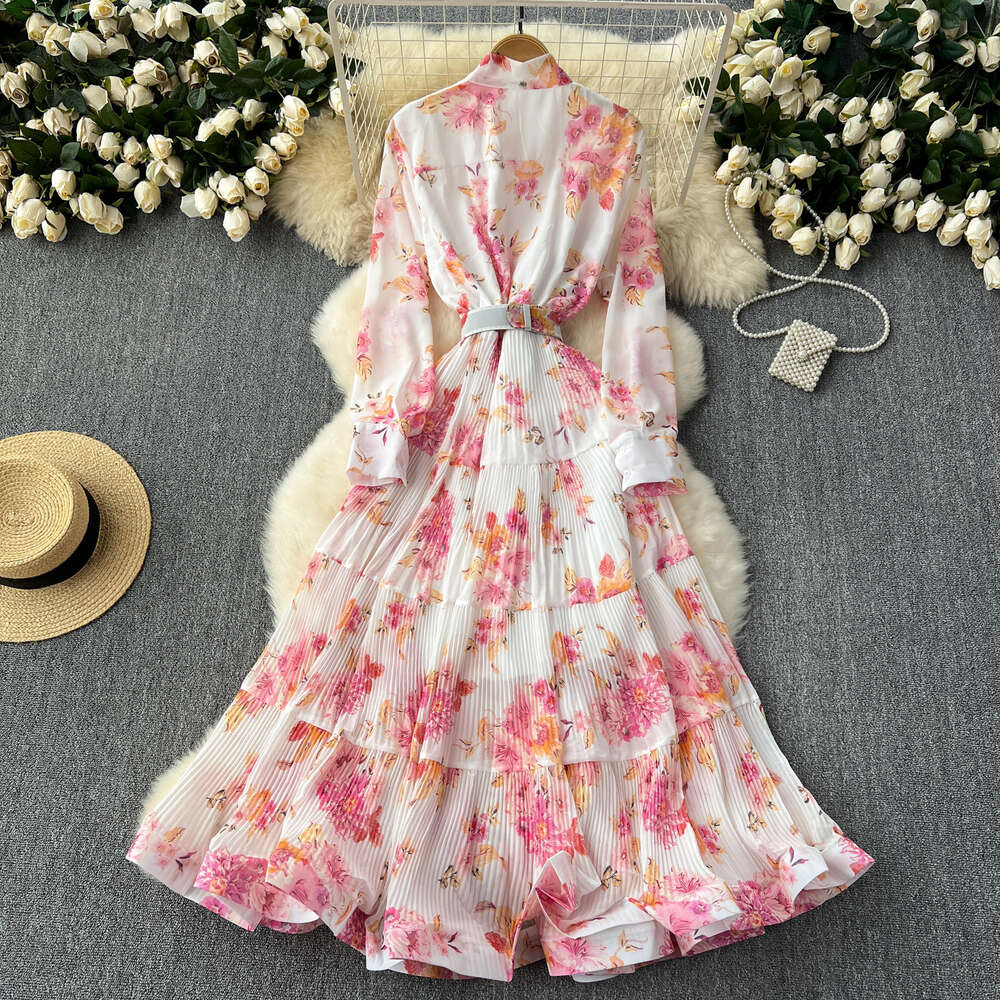 Light Mature Style 2024 New French Bow Tie Waist Wrap Large Ruffle Edge Fragmented Flower Long Dress Sexy Dress Waist Bifurcated Round Neck Dress Silk