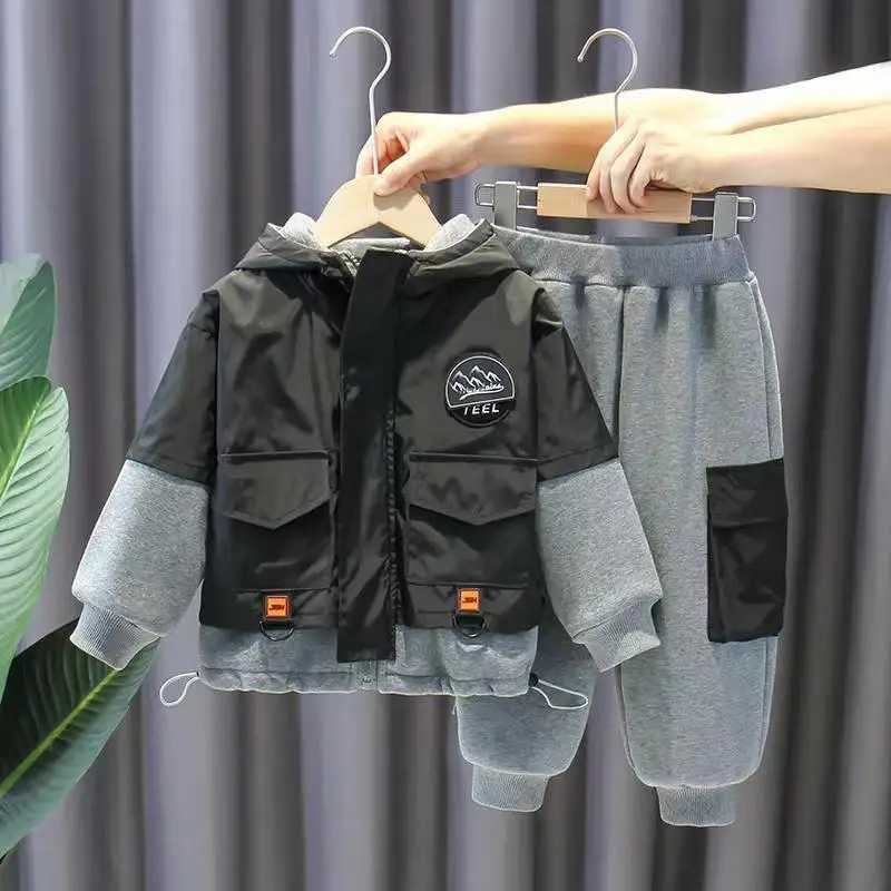 Clothing Sets Kids Boys Clothing Set 2024 Autumn and Winter New Fashion Childrens Hooded Plush and Thick Jacket Pants 2-piece