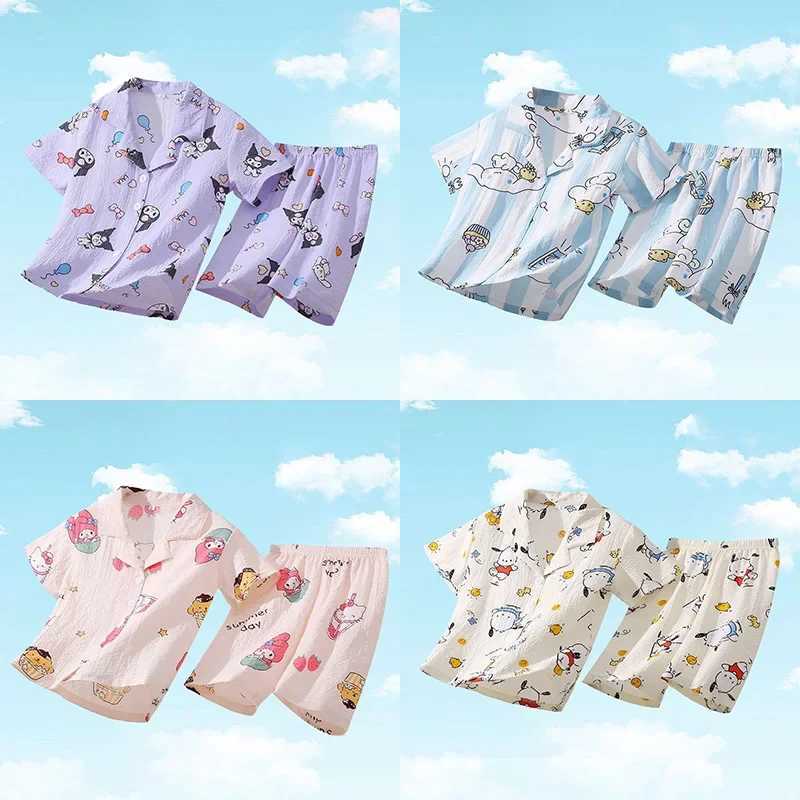 Summer Childrens Pajama Set Cute Anime Kuromi Cinnamon My Melody Childrens Short sleeved Pajamas Girl Boy CardiganW240716