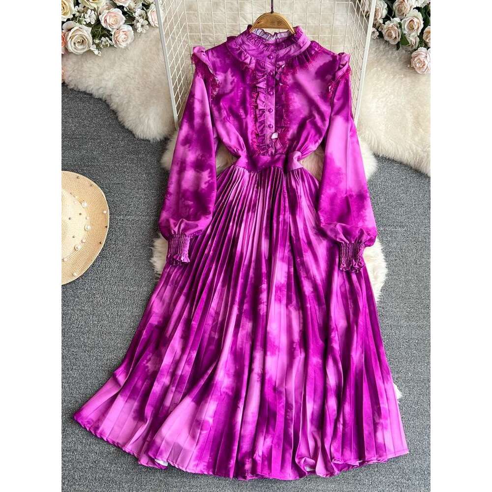 High End Lantern Long Sleeved Stand Up Collar with Ruffled Edges That Wrap Around the Waist for A Slimming Effect. A-line Halo Dye Printed Pleated Dre