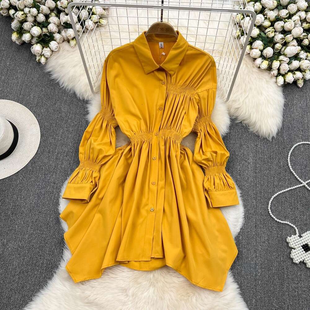 Hong Kong Style Single Breasted POLO Collar Slimming Shirt Skirt Spring High Waisted Long Sleeved Loose A-line Dress Temperament Silk Dress Round Neck
