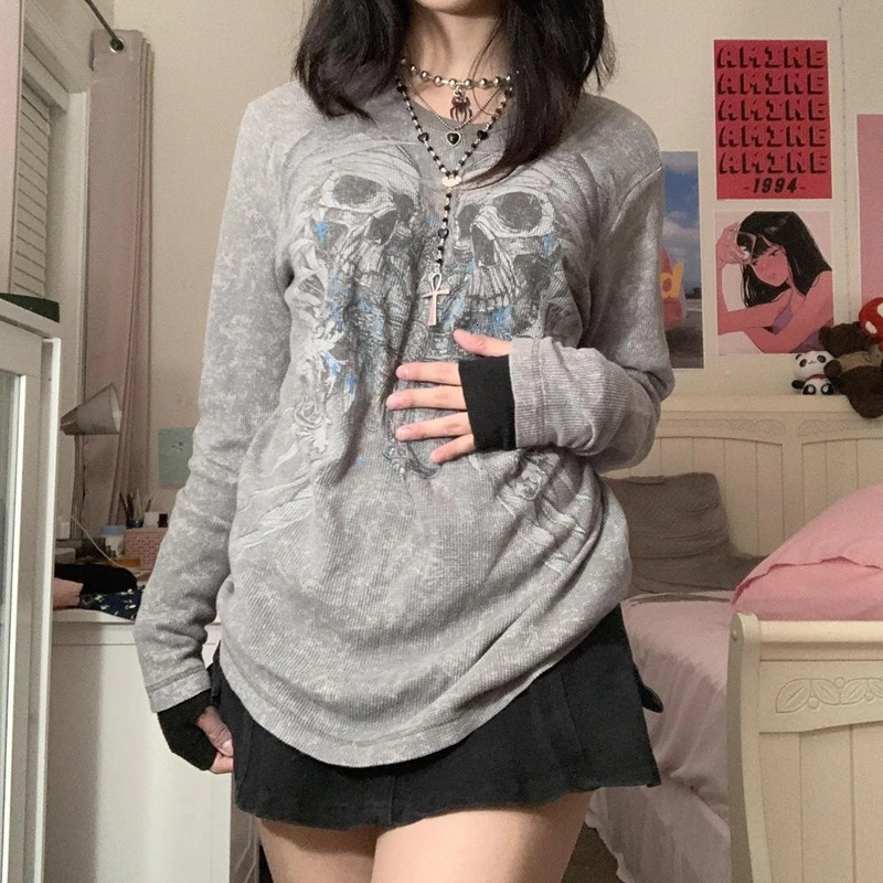 2000s Aesthetic Retro T Shirt E Girl Gothic Skulls Cross Graphic Grunge Long Sleeve Tops Y2K Vintage Mall Goth Fairycore Clothes 240715