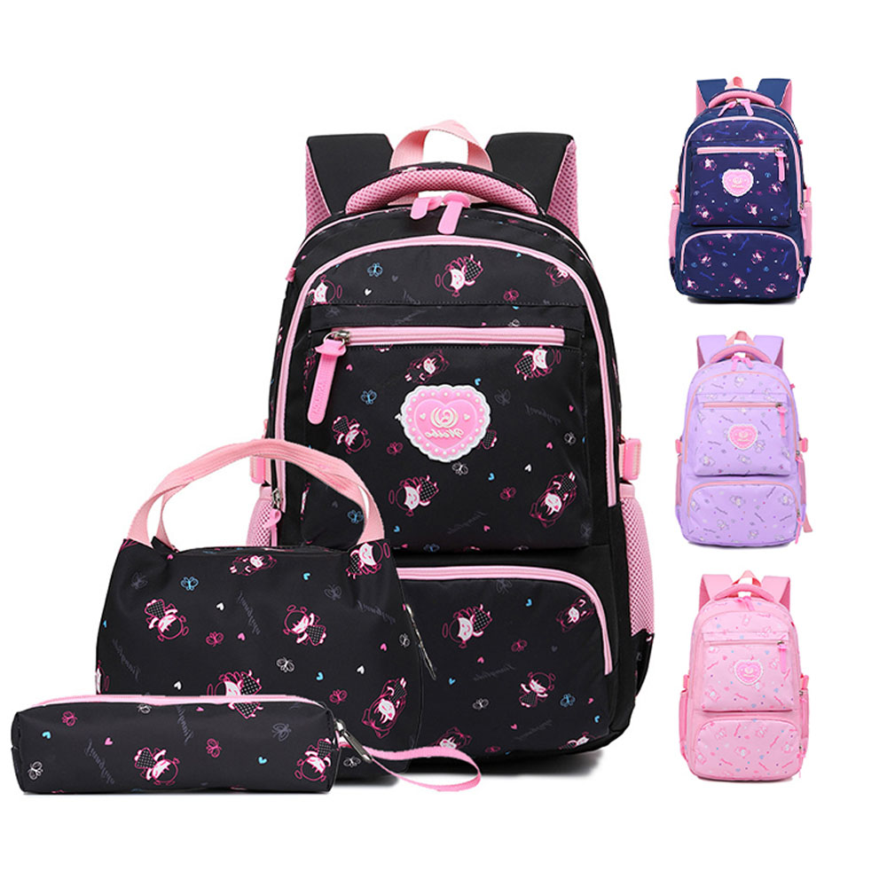 3PCs Set Backpack for Teens Girls Large Capacity Blue Pink Purple Black Schoolbag for Teenage Back to School Lunch Bag