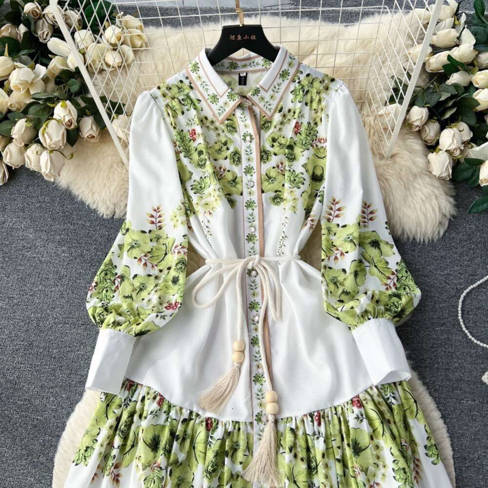 New French Style Lapel Lantern Sleeve Printed Dress Women with Tie Up Waist for Slimming and Elegant Dressing Long Summer Dress Short Bifurcated SKINN