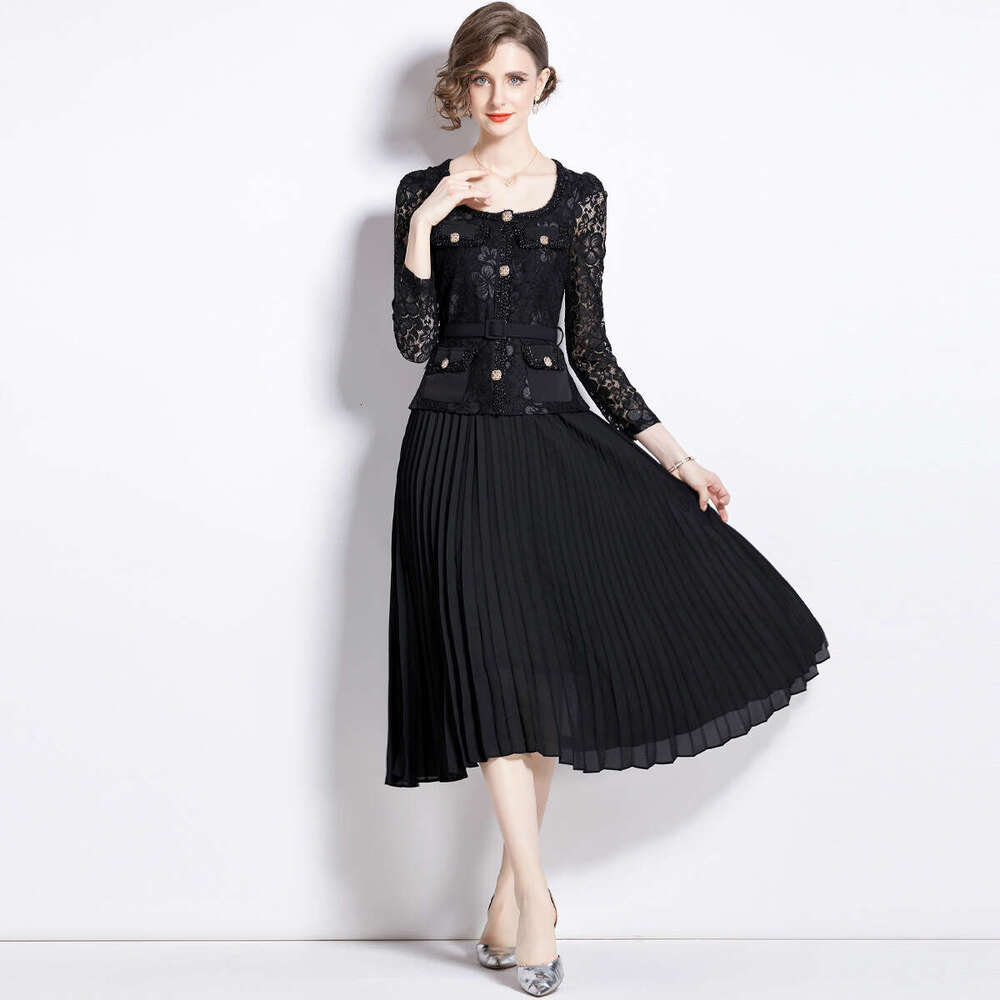 French Small Fragrant Style for Women with A High-end Feel. Heavy Work Nail Bead Metal Buckle Square Neck Lace Patchwork Pleated Fairy Dress Silk Dres