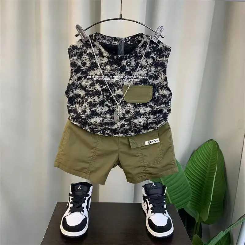 Clothing Sets Boys Summer Vest Set New Western Style Boys Internet Red Fashionable Sleeveless Clothes Childrens Clothing Two Piece Set E5QN