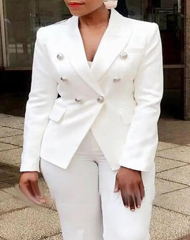 Office Ladies Two Piece Sets Womens Outifits Spring Fashion Long Sleeve Double Breasted Blazer Plain Elegant Pants Set 240712