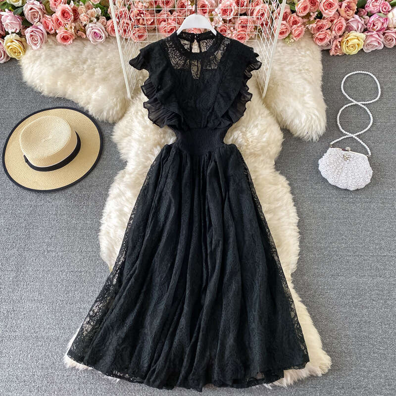 Spring Autumn Lace Round Neck Sleeves Fashionable Slimming and Elegant Ruffle Edge Long Skirt Dress Short Loose Temperament Bifurcated Silk Dress Deni