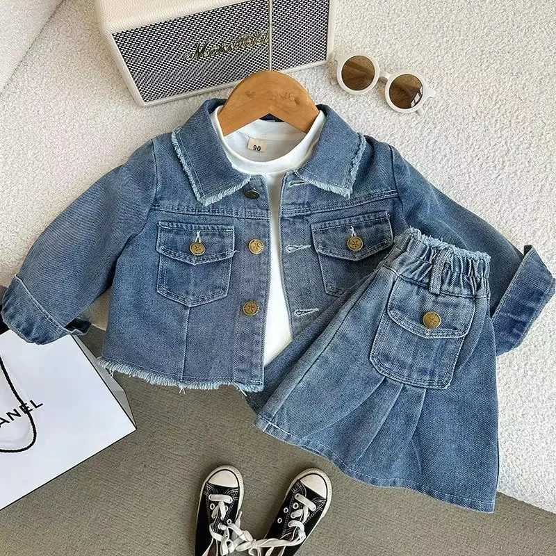 Clothing Sets New Childrens Denim Jacket Set Spring Denim Kids Jackets+Skirt Long Sleeve Girls Children Casual Costumes Autumn Girl Clothes