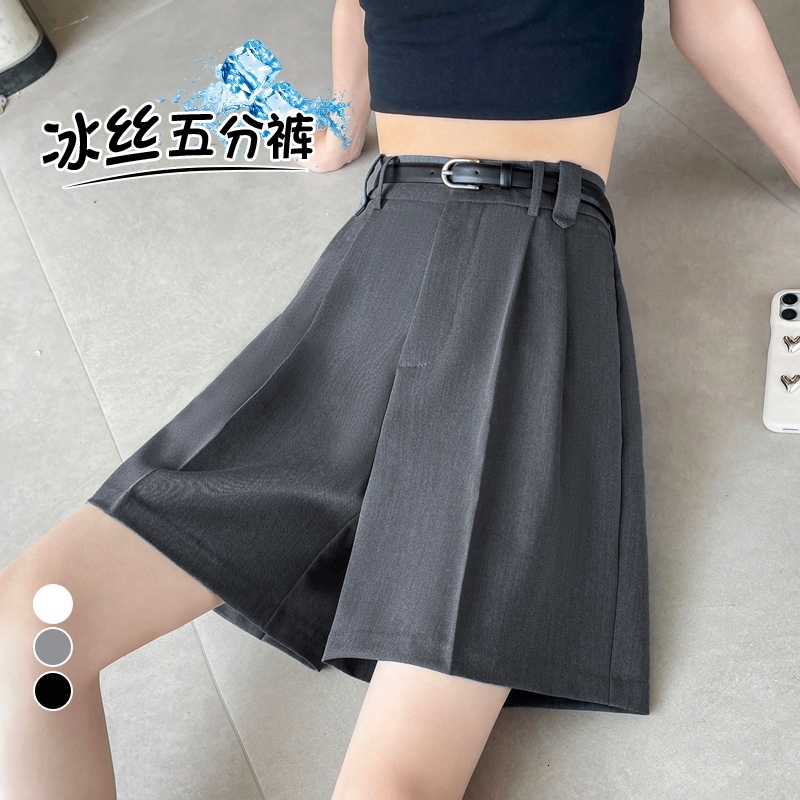 2024 Summer New High Waist Suit Split Shorts Ice Silk A-line Wide Leg Casual Pants for Women