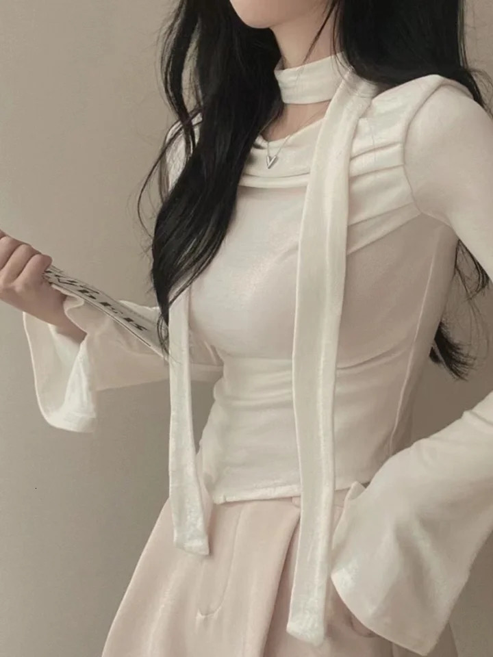 Y2K Crop T-Shirts Women sweet Chic Long Sleeve Top Female Vintage Fashion Off Shoulder Tee Lady Spring Casual Lace-Up T Shirt 240716