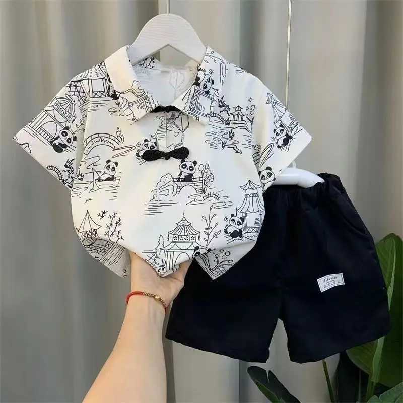 Clothing Sets Childrens Short sleeved Set New Boys and Babies Summer Cotton Shirt Shorts 2-piece Set of Childrens Chinese Clothing Suit 2-9Y