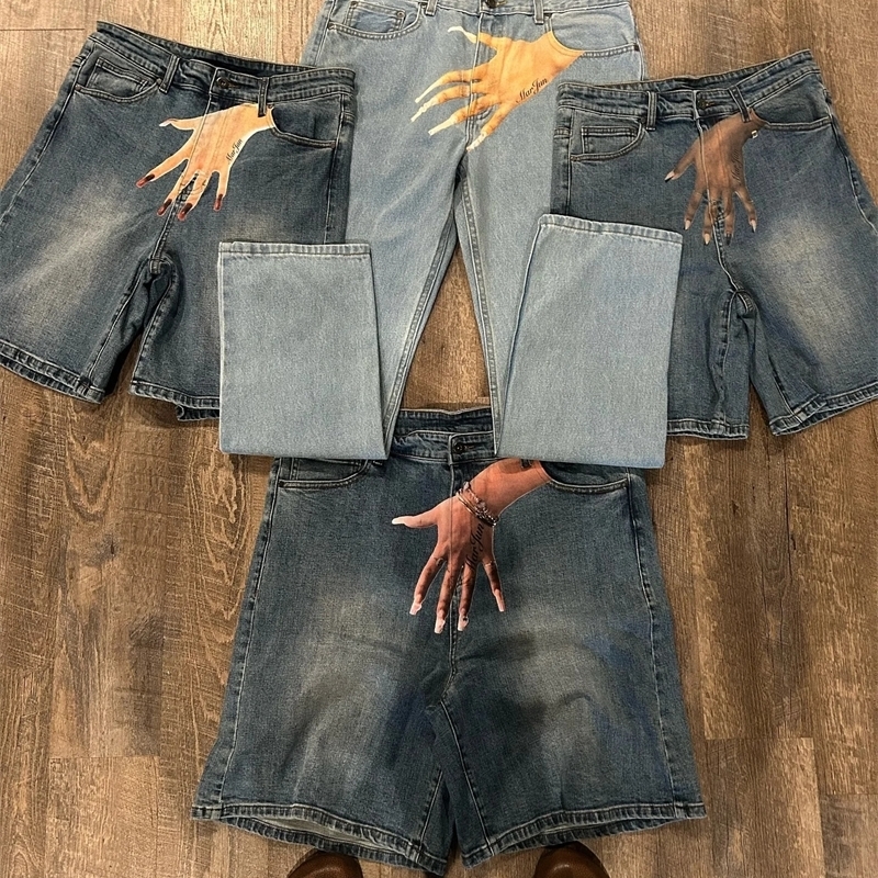 Vintage Blue Baggy Denim Gym Shorts Harajuku Hip Hop Y2K Pants Mens Graphic Print Gothic Sweatpants y240708