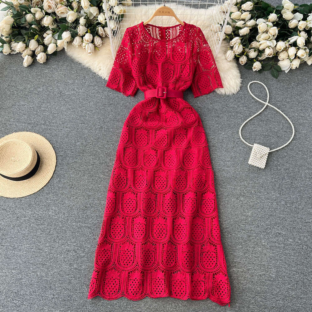 Summer Outfit New Hollow Out Temperament Socialite Fashionable Round Neck Lace Dress Womens Short Sleeved Hook Flower Waist Long Skirt Waist Oversize 