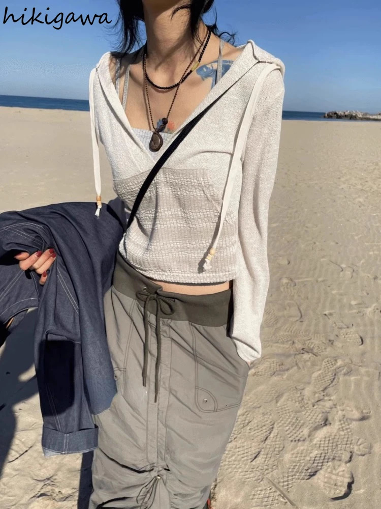 Knitted T Shirts Women Clothes Patchwork Print Hooded Long Sleeve Crop Tops Ropa Mujer Casual Fashion Vintage Korean Tshirt 240715