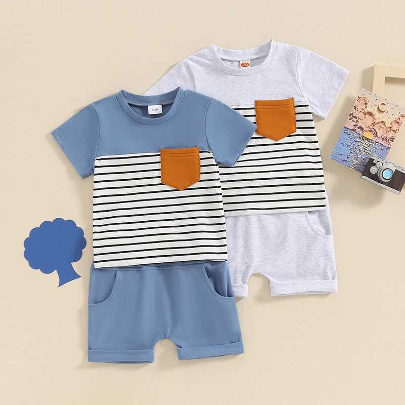 Clothing Sets 0-3Y Casual Toddler Baby Boys Summer Clothes Sets Stripe Print Short Sleeve Pocket T-Shirt Tops and Elastic Shorts Set