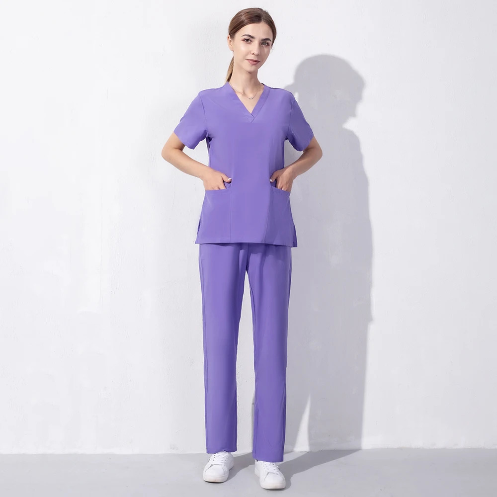 Womens Scrub Wholesale Short Sleeve V-neck Carer Set Nurse Uniforms Men Beauty Salon Working Uniform Pet Shop Cleaning Workwear 240716