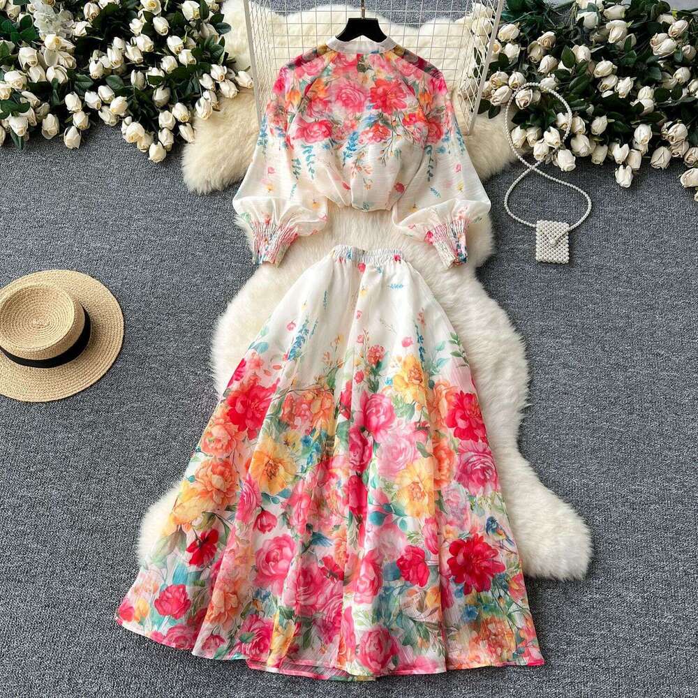 Wind Two-piece Set, Elegant Lantern Sleeve Buckle Slim Fit Top, High Waisted Printed Mesh Skirt Set Sexy Loose Bifurcated Pregnant Womens Dress BOHO D