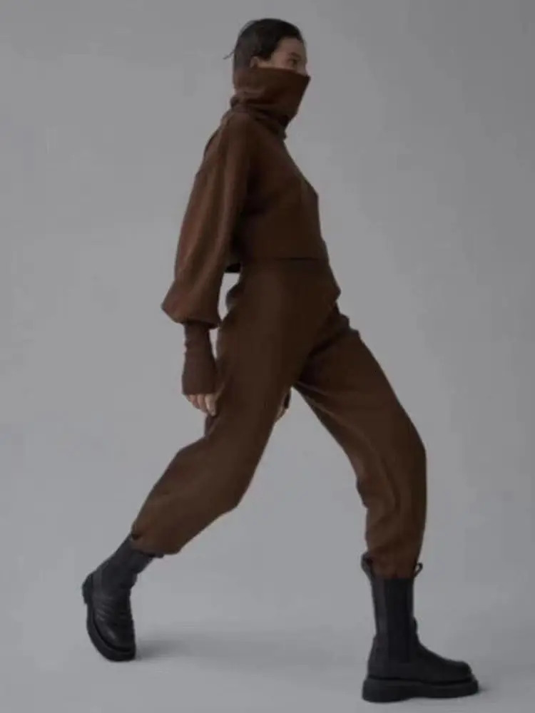 Turtleneck Sweater 2 Pieces Set Women Setchic Knitted Pullover Top Pants Jumper Tops Trousers Suit Winter 240712