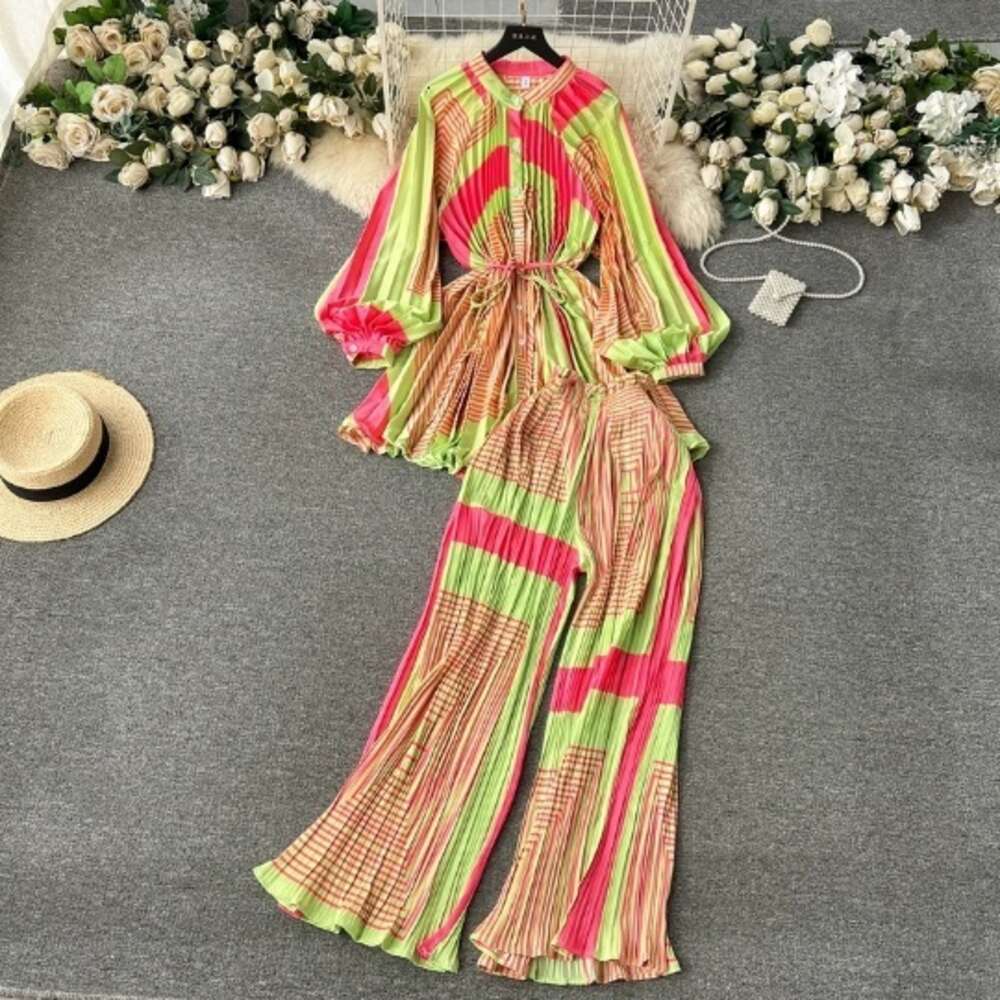 Elegant and Sophisticated Style, Waist Cinched Printed Chiffon Top Shirt, Loose Casual Pleated Harlan Pants Set Temperament High Waist Dress Denim Dre