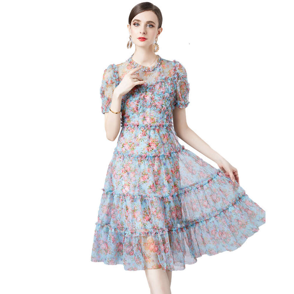 2024 Summer New Womens Wear Heavy Industry Mesh Green Emerald Flower Printed Skirt Brick Stone Bead Fairy Dress Loose Temperament High Waist Dress Den