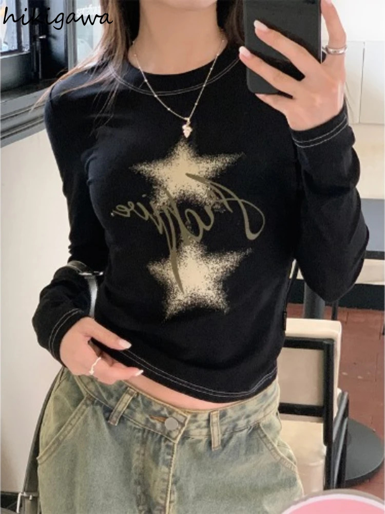 Star Print Woman Tshirts Long Sleeve Tunic Crop Tops O-neck Fashion Tees Ropa Mujer Casual Korean Y2k T Shirt Women Clothes 240715