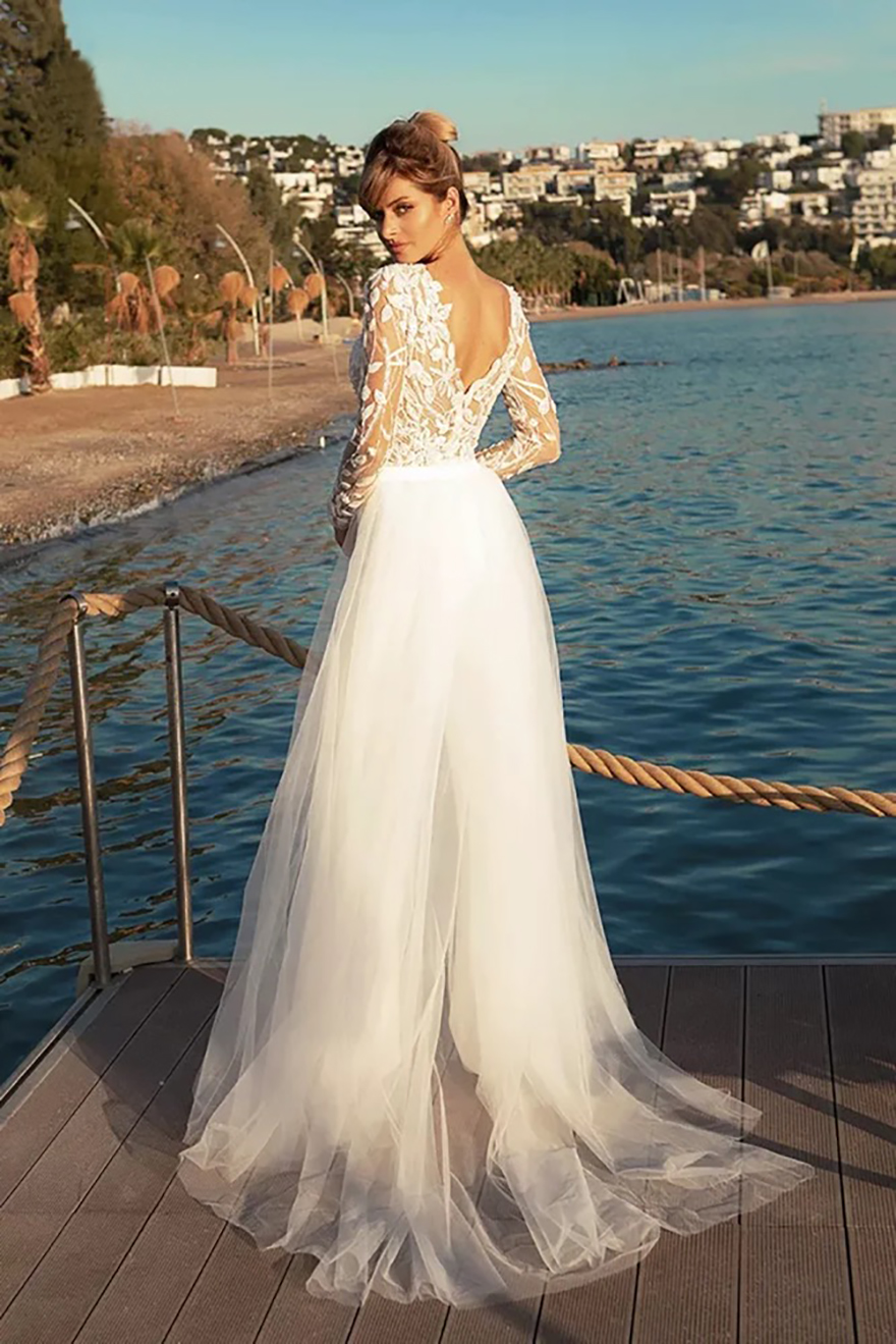 Elegant Jumpsuits Wedding Dresses Shealth Scoop Tulle Appliques Detachable Train 2024 Wedding Gown Bridal Dress Vestido De Noiva