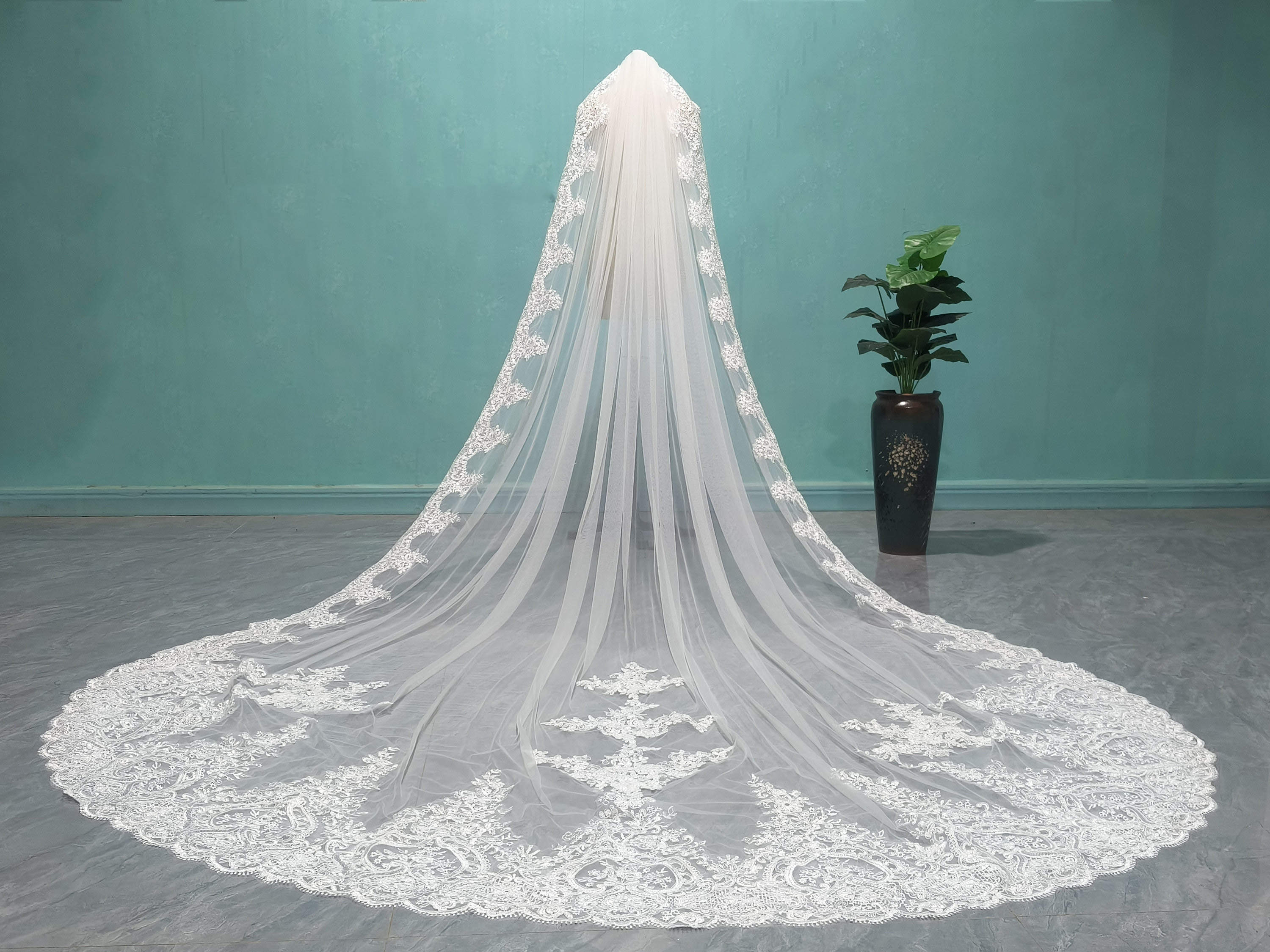 Gorgeous Wedding Veil Appliques Lace Embroidery Long Royal Bridal Veil Cathedral Special Cut with Comb Veil 3M White Ivory Wedding Accessories