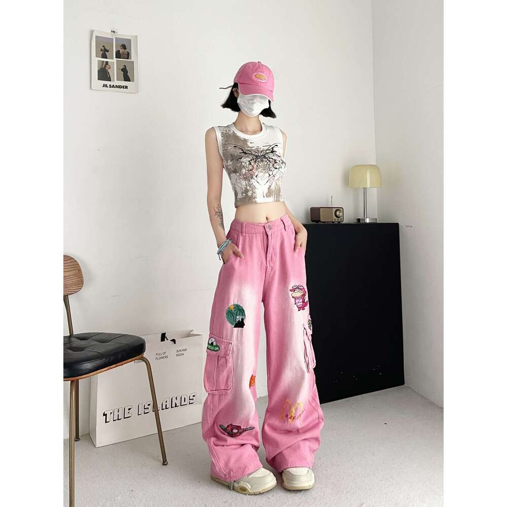 American Cartoon Embroidered Pink Workwear Jeans with High Street Design, Loose Straight Wide Leg Pants Sport Men Pants Cotton Gold Velvet Pants