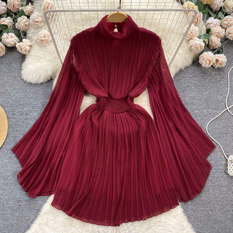 High End Pleated Flared Sleeves High Necked Dress for Womens Spring/summer French Light Luxury, Niche Design, Waist Cinching Chiffon Skirt Silk Dress