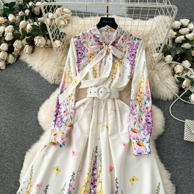 French Palace Style High End Celebrity Bow Neck Button Slim Fit Long Print Dress Long Summer Dress Short Novelty Temperament Loose Self-cultivation Si