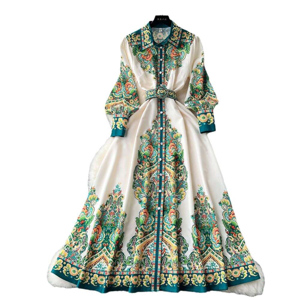 High End Formal Dress, Elegant and Fashionable Palace Style, Printed Waist Cinching Single Breasted Large Swing French Dress Loose BOHO DRESS Round Ne