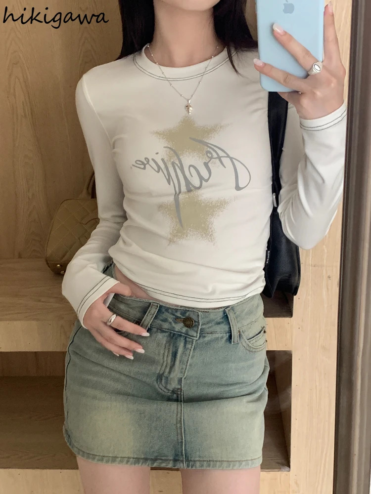 Star Print Woman Tshirts Long Sleeve Tunic Crop Tops O-neck Fashion Tees Ropa Mujer Casual Korean Y2k T Shirt Women Clothes 240715