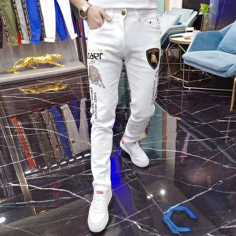 MIKEJIE Fashion 2023 Spring and Summer Tide Brand White Jeans Trend Taurus Hot Drill Embroidery Stretch Slim Men's Pants