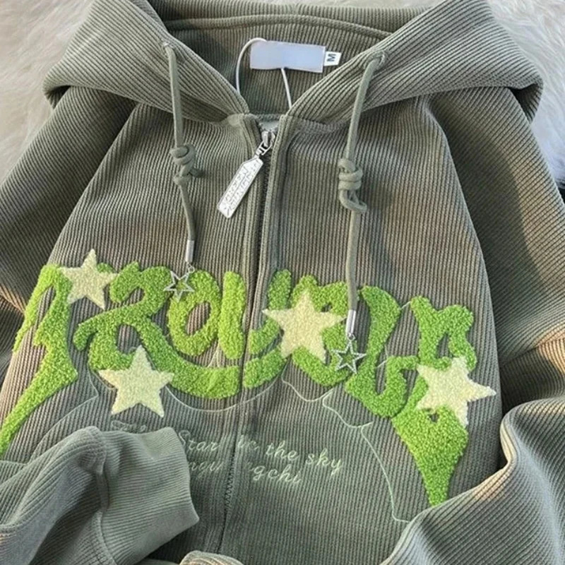 Women Retro Embroidery Hoodies Autumn Winter Zip Up Long Sleeve Loose Jacket Coats Y2K Casual Pocket Hooded Sweatshirts 240716