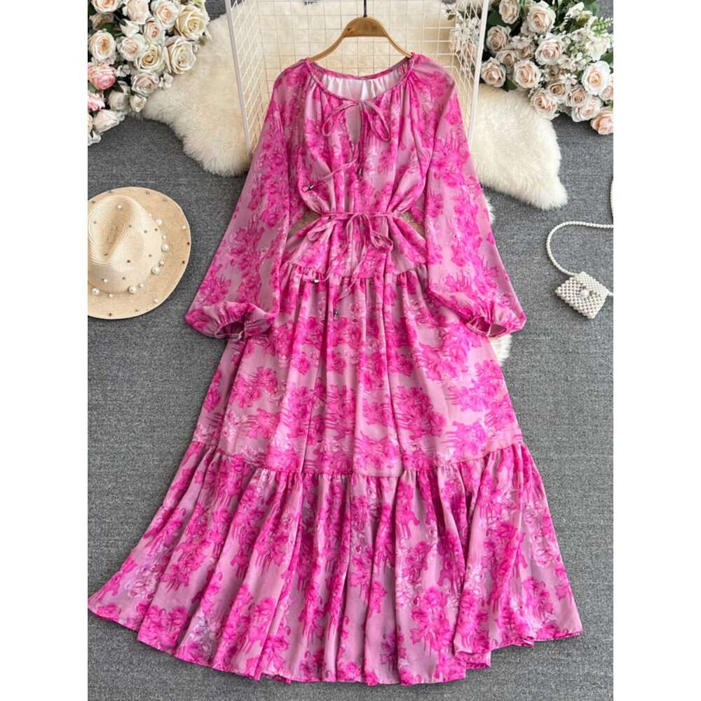 Summer French Tea Break Big Swing Skirt Gentle Style Long Sleeved V-neck Waist Cinching for Slimming A-line Ruffle Edge Printed Dress Denim Dress Silk