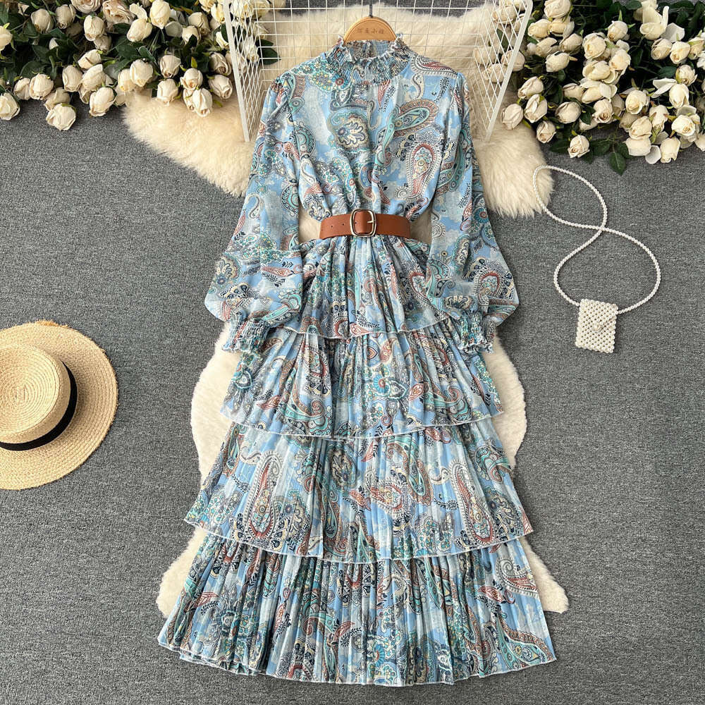Standing Collar Mesh Sleeved Ruffled Edge Printed Waistband Fluffy Large Hem Dress for Womens Spring and Autumn Lantern Sleeves Cake Long Skirt Oversi
