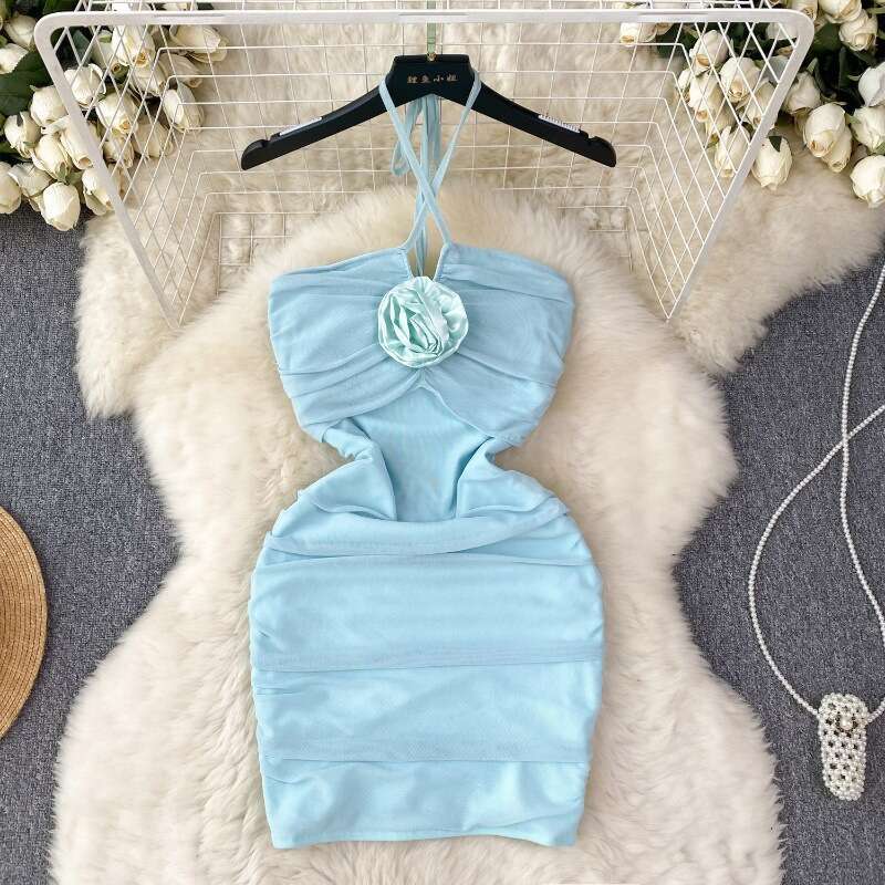 Hanging Neck Dress for Women in Summer, Three-dimensional Flower, Scheming, Pleated, Slim Fitting Style, Sexy Buttocks Wrapped Short Skirt, Trendy Dre